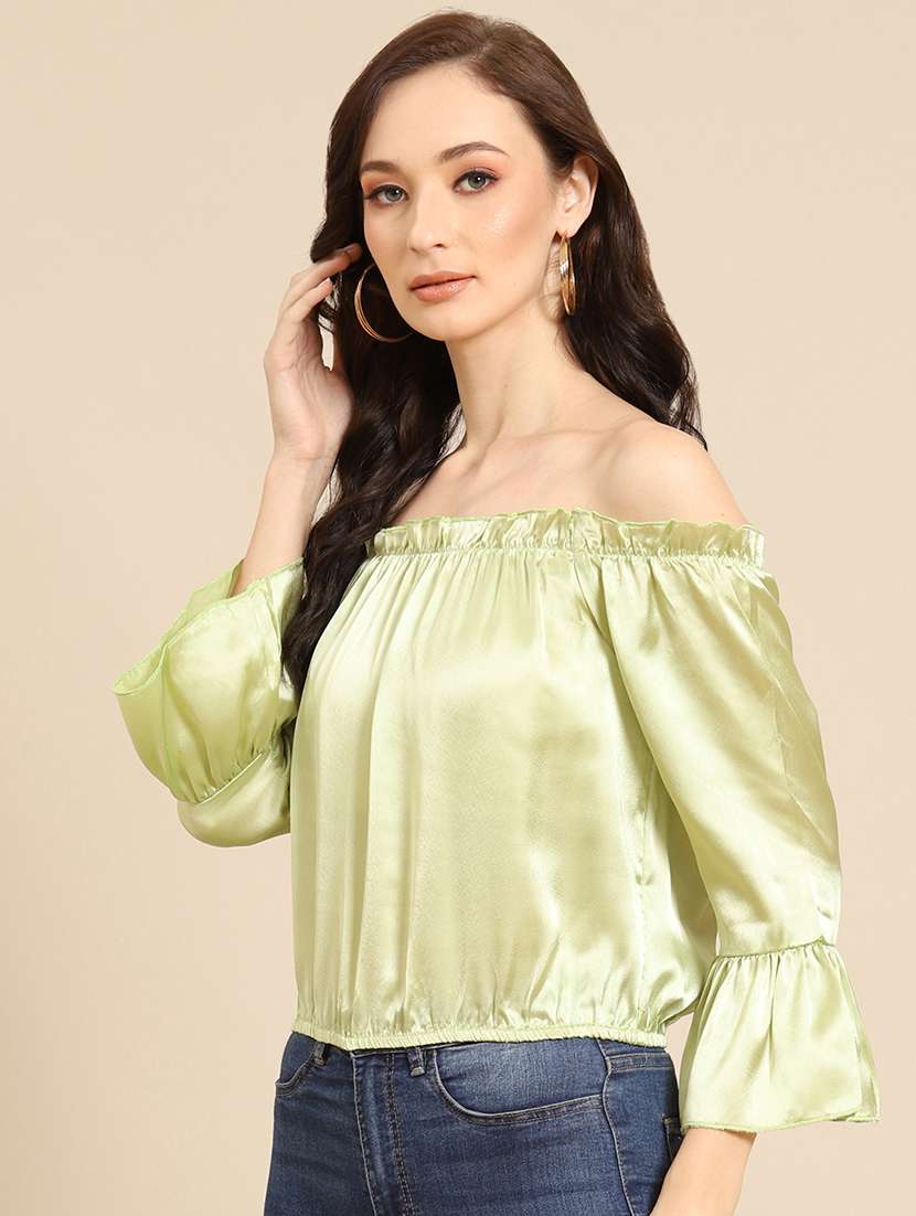 Women Solid Off Shoulder Bell Sleeve Blouson Top - 22380888 -  Standard Image - 2
