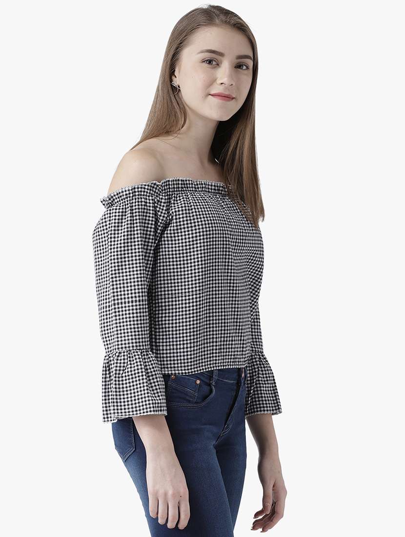 women checkered off shoulder bell sleeve top - 22380902 -  Standard Image - 2