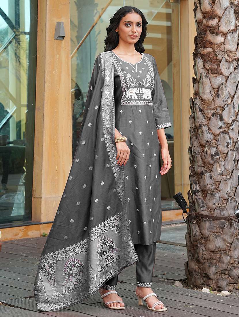 women solid with work three quarter sleeve kurta pant with dupatta set - 22380928 -  Standard Image - 2