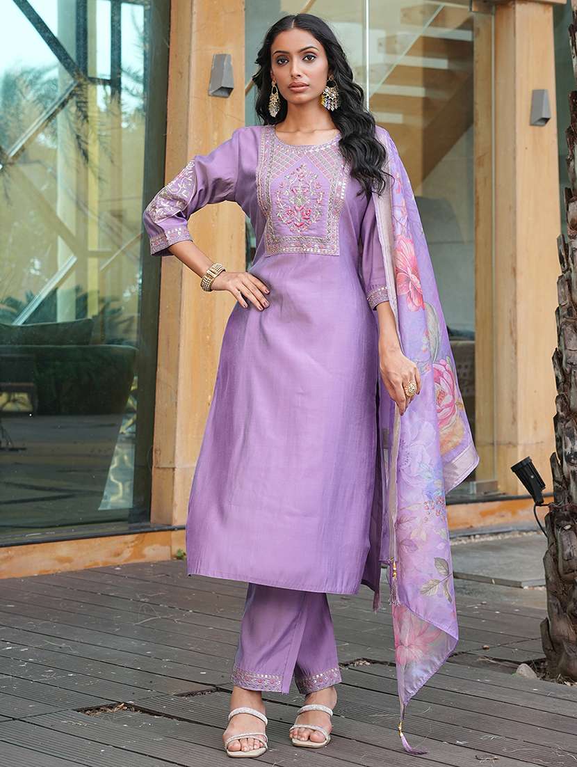 Women Solid With Work Three Quarter Sleeve Kurta Pant With Dupatta Set - 22380930 -  Standard Image - 2