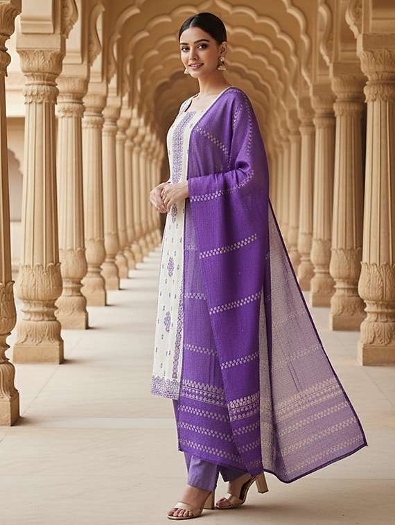 women solid with work three quarter sleeve kurta pant with dupatta set - 22380935 -  Standard Image - 2