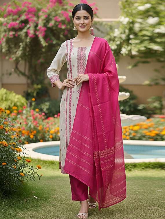 women solid with work three quarter sleeve kurta pant with dupatta set - 22380936 -  Standard Image - 2