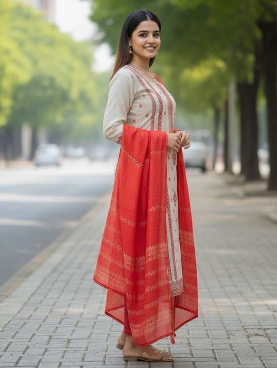 women solid with work three quarter sleeve kurta pant with dupatta set - 22380937 -  Standard Image - 2