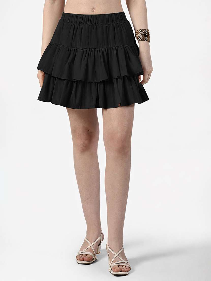 women solid mid rise layered skirt