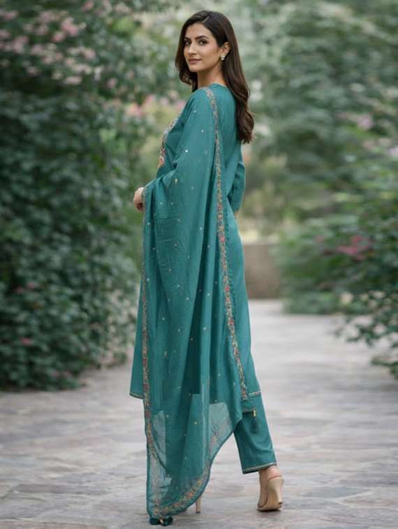 women solid with work three quarter sleeve kurta pant with dupatta set - 22380967 -  Standard Image - 2