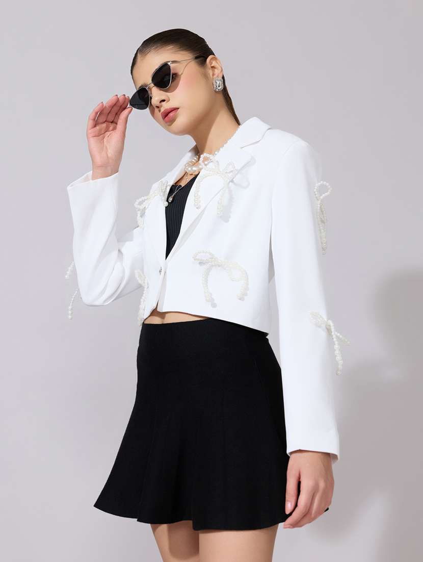women solid long sleeve crop casual blazer