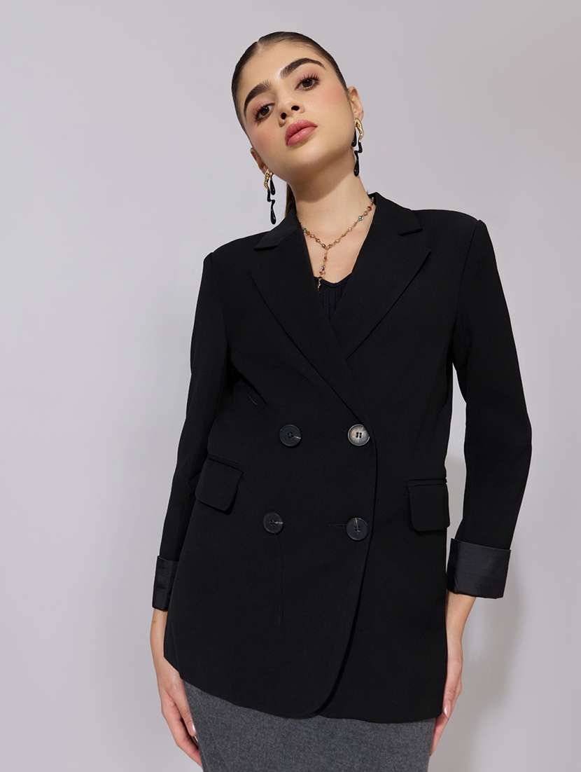 women solid long sleeve double breasted blazer