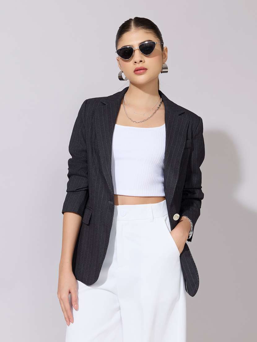 women striped long sleeve single breasted blazer