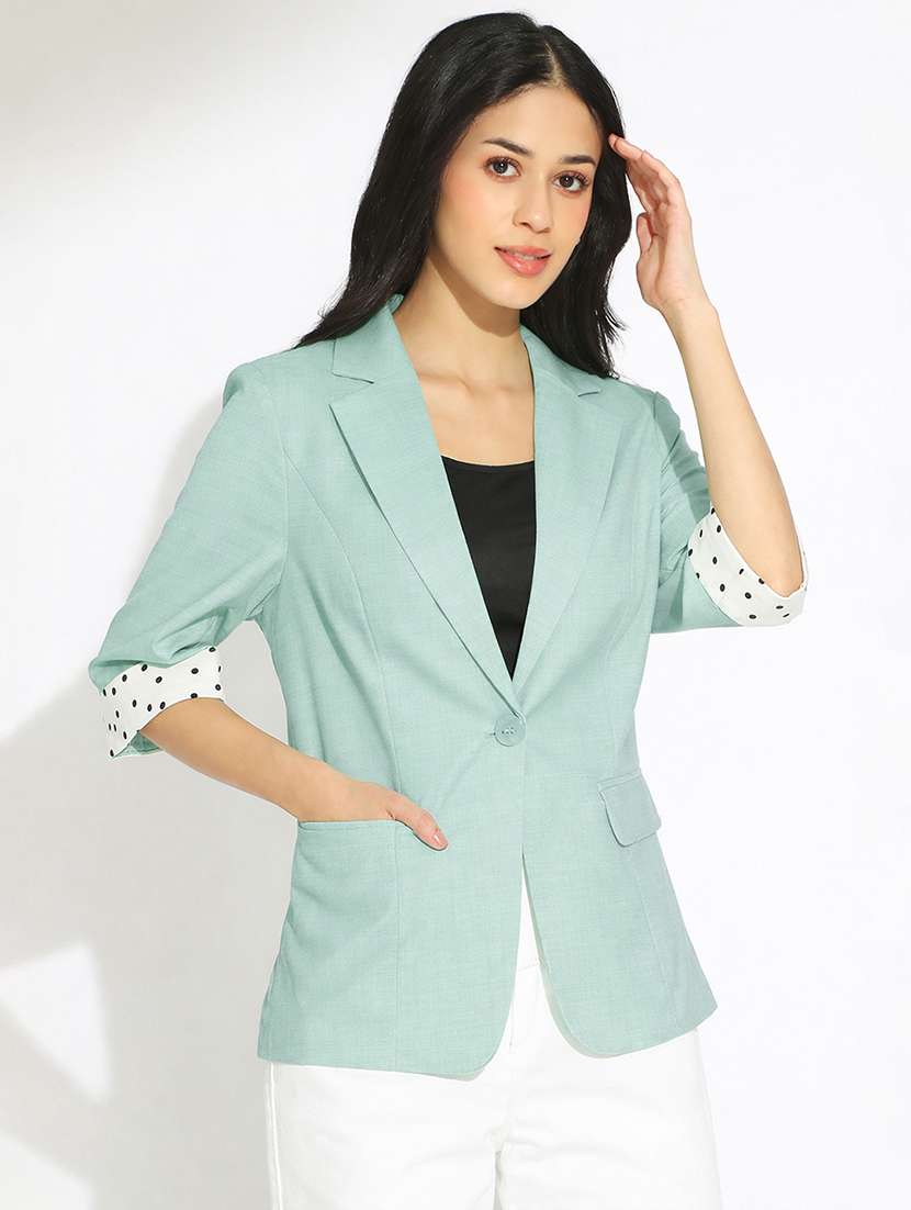 women solid three quarter sleeve single breasted blazer - 22381002 -  Standard Image - 2