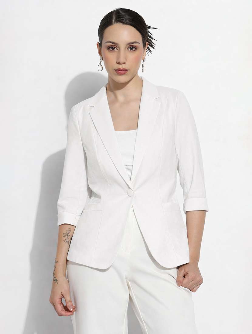 women solid three quarter sleeve single breasted blazer - 22381003 -  Standard Image - 2