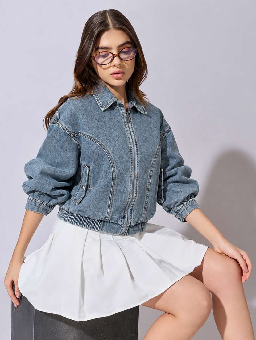 women solid long sleeve denim jacket