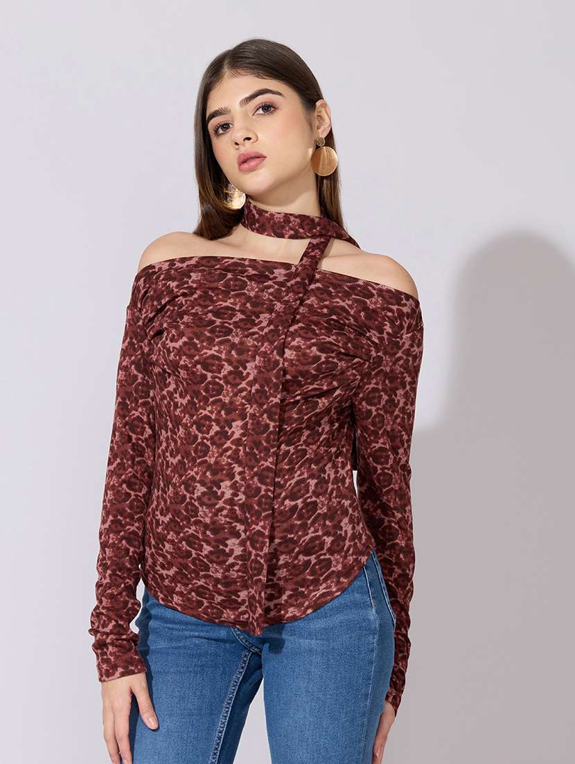 women printed off shoulder long sleeve top with neck tie - 22381043 -  Standard Image - 2