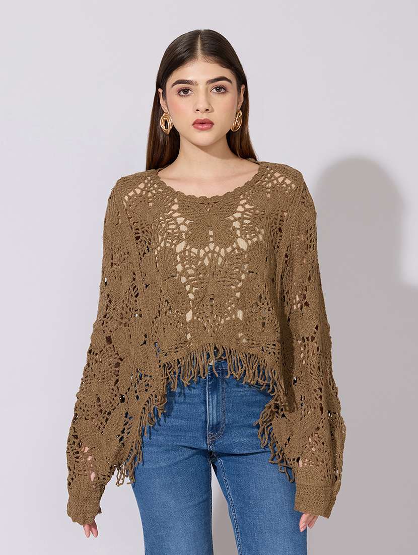 women self designed long sleeve crochet top - 22381046 -  Standard Image - 2