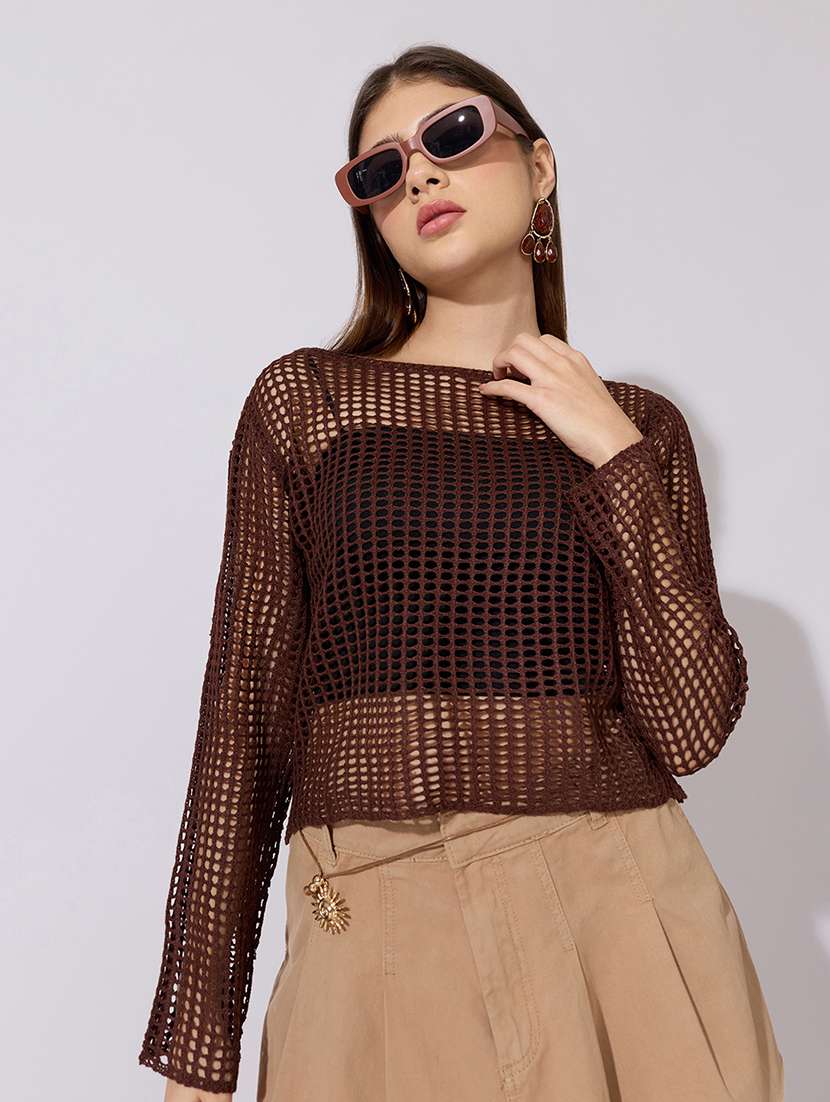 women self designed long sleeve crop top with slip