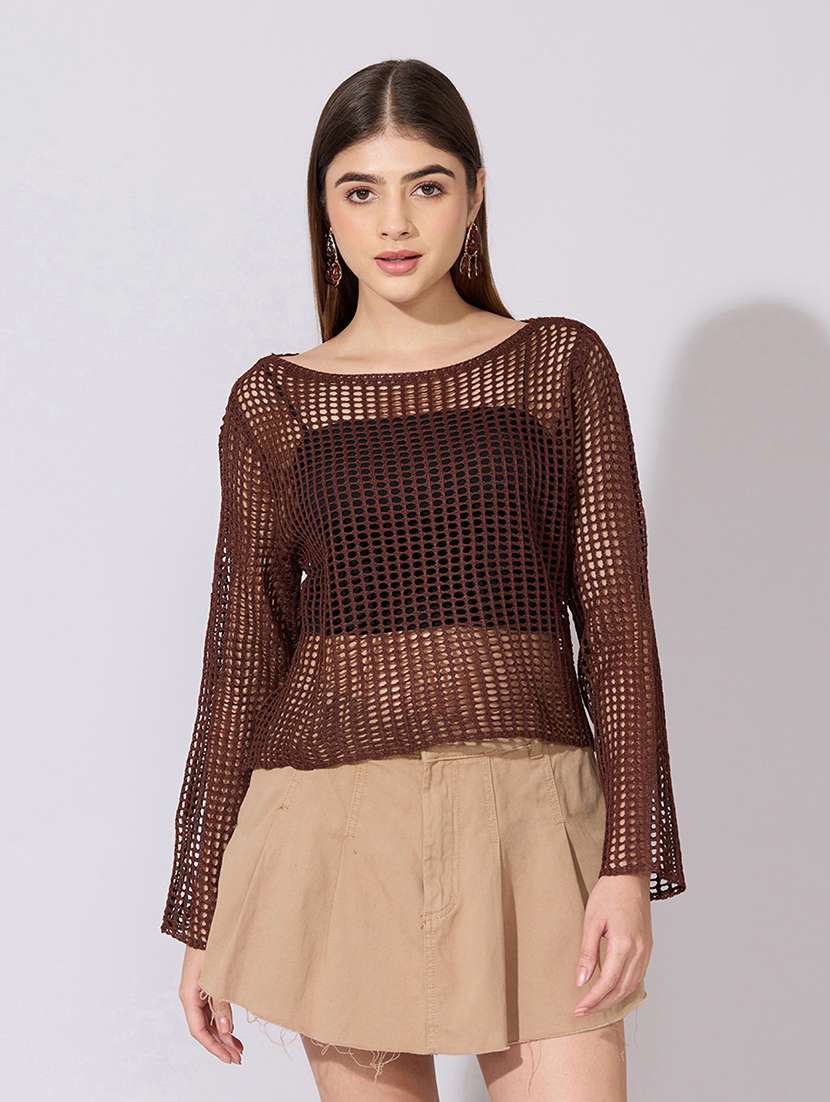 Women Self Designed Long Sleeve Crop Top With Slip - 22381047 -  Standard Image - 2