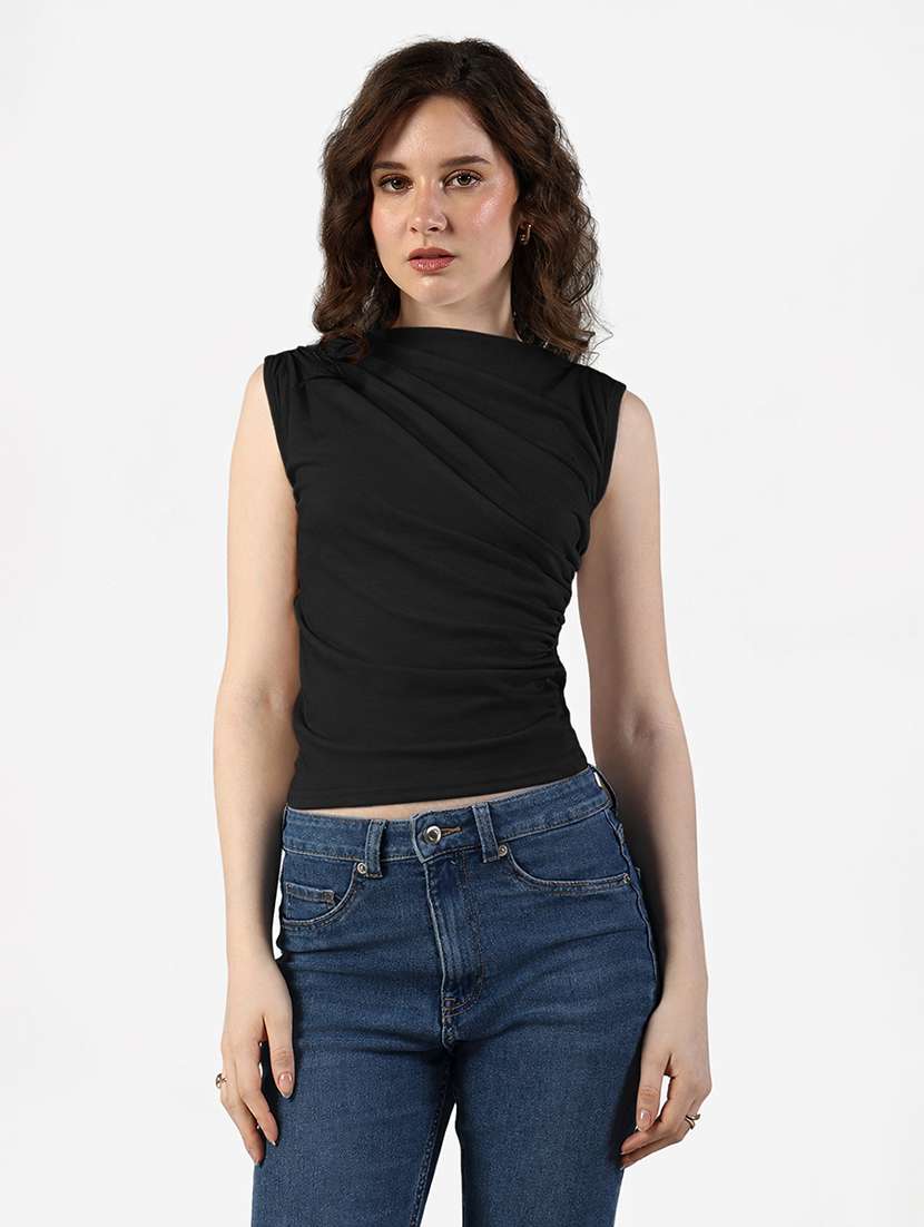 women solid sleeveless ruched top - 22381054 -  Standard Image - 2