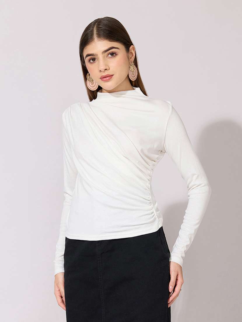 women solid long sleeve ruched top - 22381057 -  Standard Image - 2