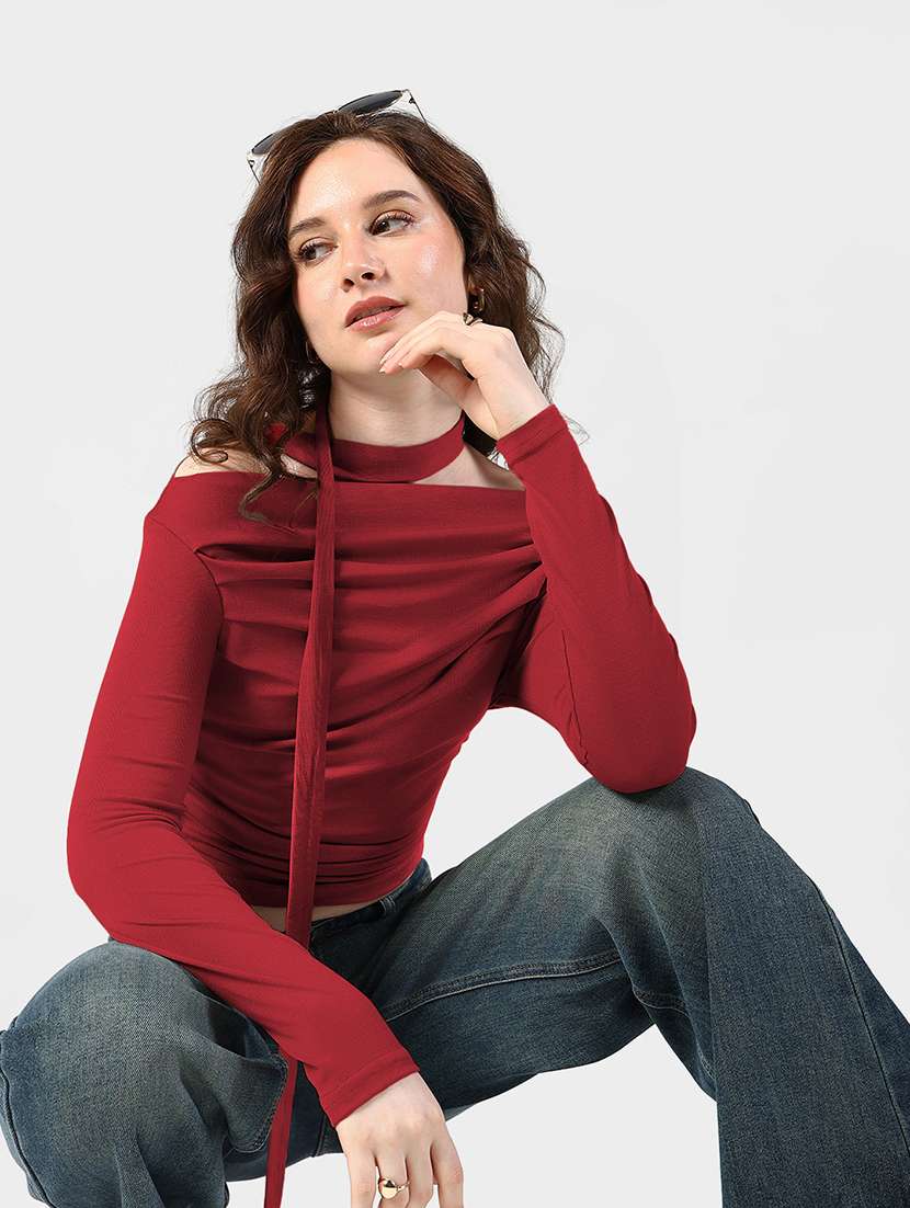 women solid off shoulder long sleeve top with neck tie