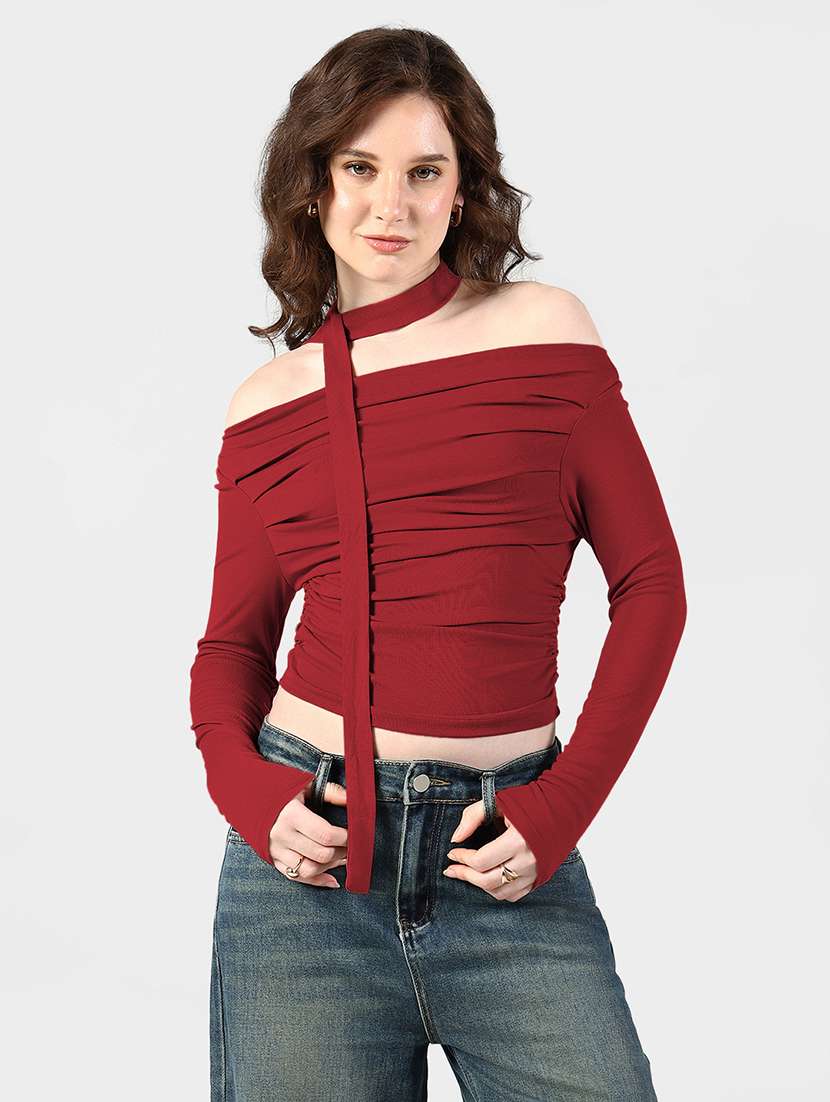 women solid off shoulder long sleeve top with neck tie - 22381060 -  Standard Image - 2
