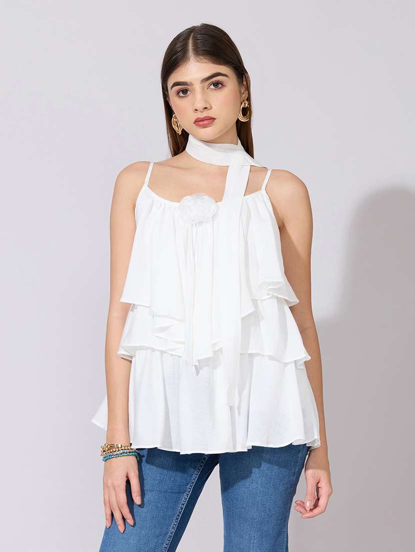women solid shoulder strap ruffle top