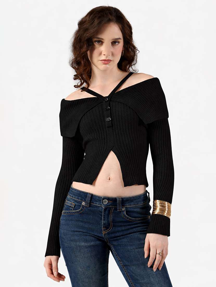 women solid off shoulder long sleeve crop top - 22381071 -  Standard Image - 2