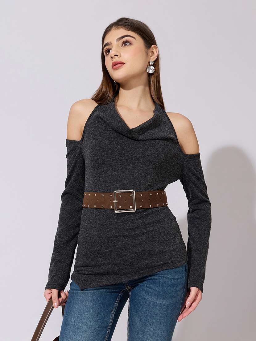 women solid cold shoulder straight top - 22381077 -  Standard Image - 2