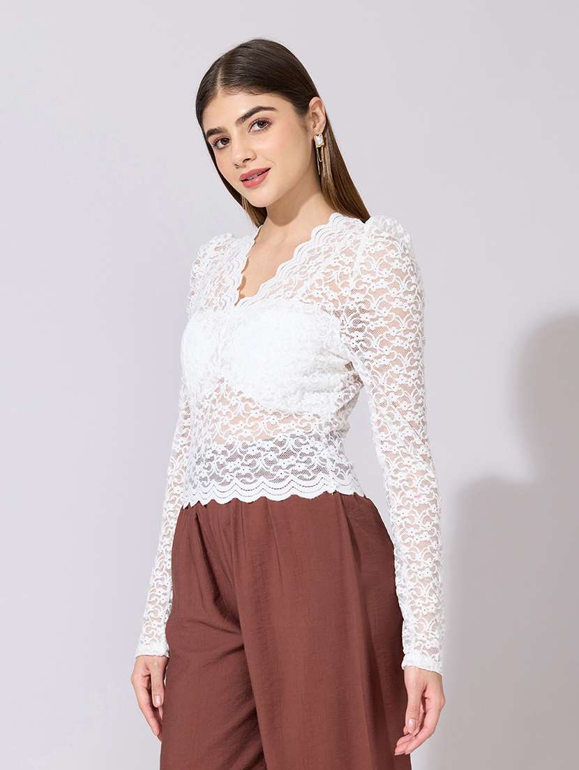 women solid long sleeve lace top - 22381079 -  Standard Image - 2