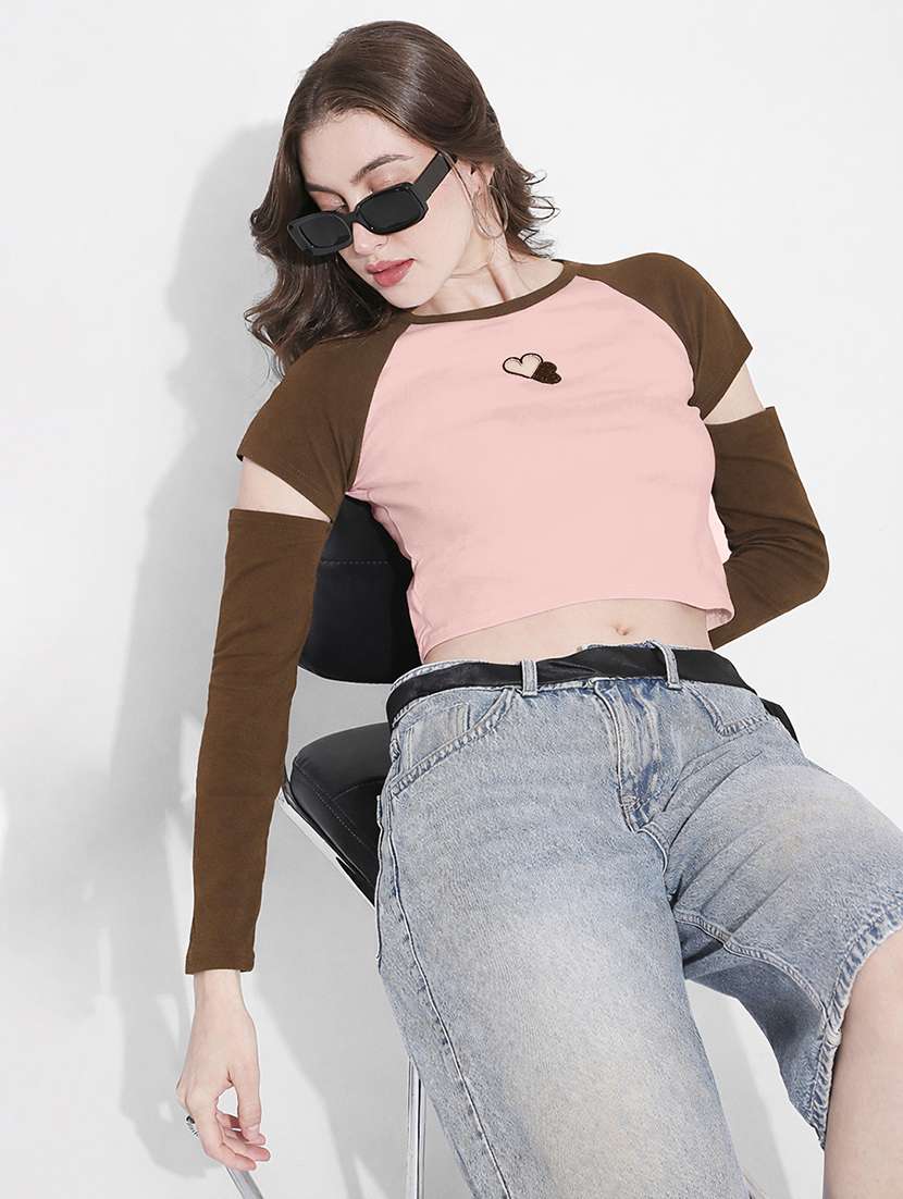 women color blocked long sleeve crop top - 22381082 -  Standard Image - 2