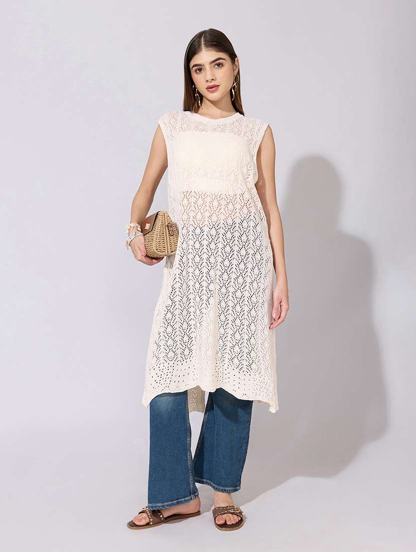 women crochet longline sleeveless sheer top 