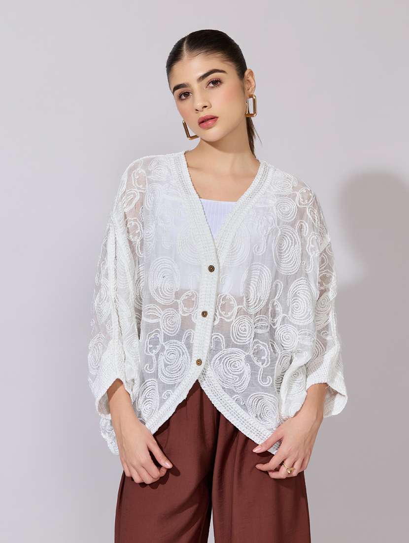 women embroidered kimono sleeve sheer top