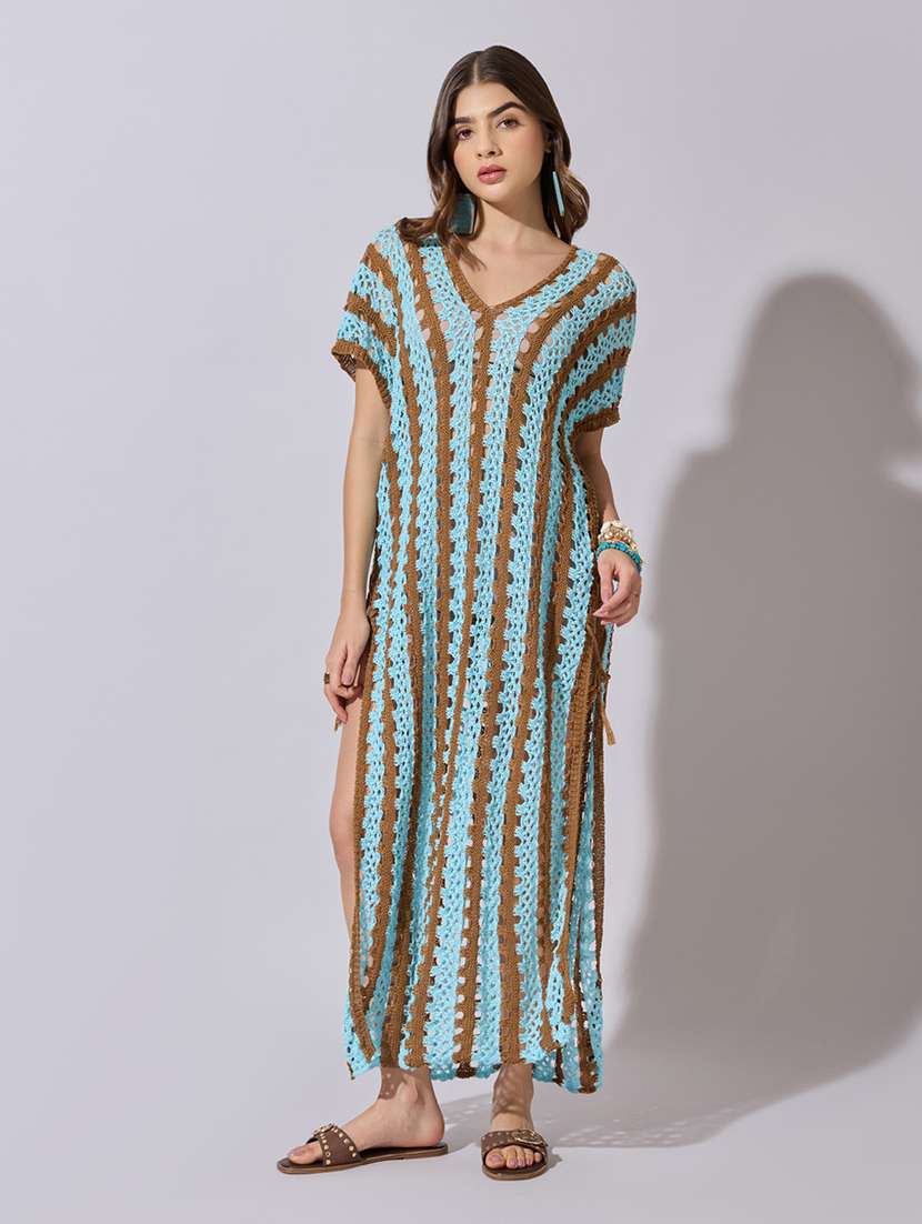 women crochet longline sheer top with fringe hem