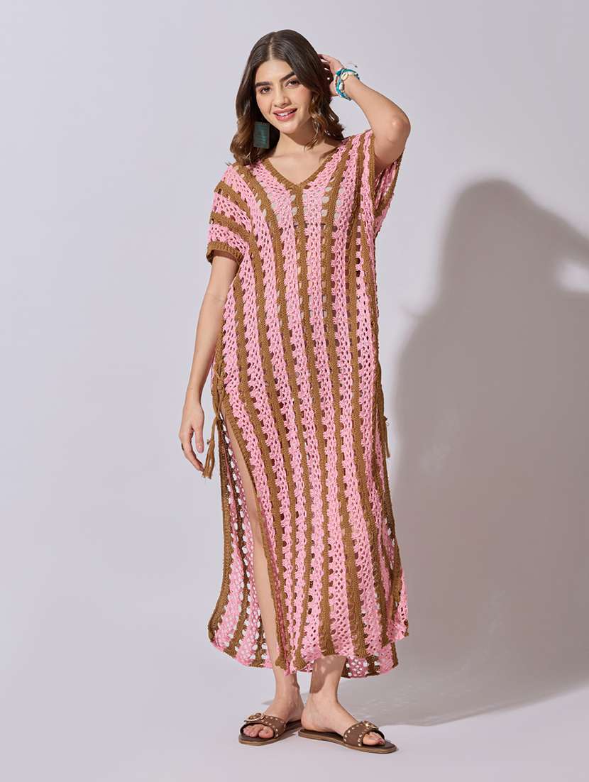 women crochet longline sheer top with fringe hem
