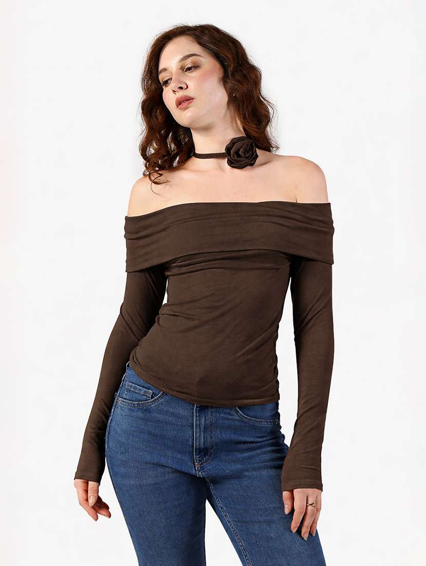 women solid off shoulder long sleeve top
