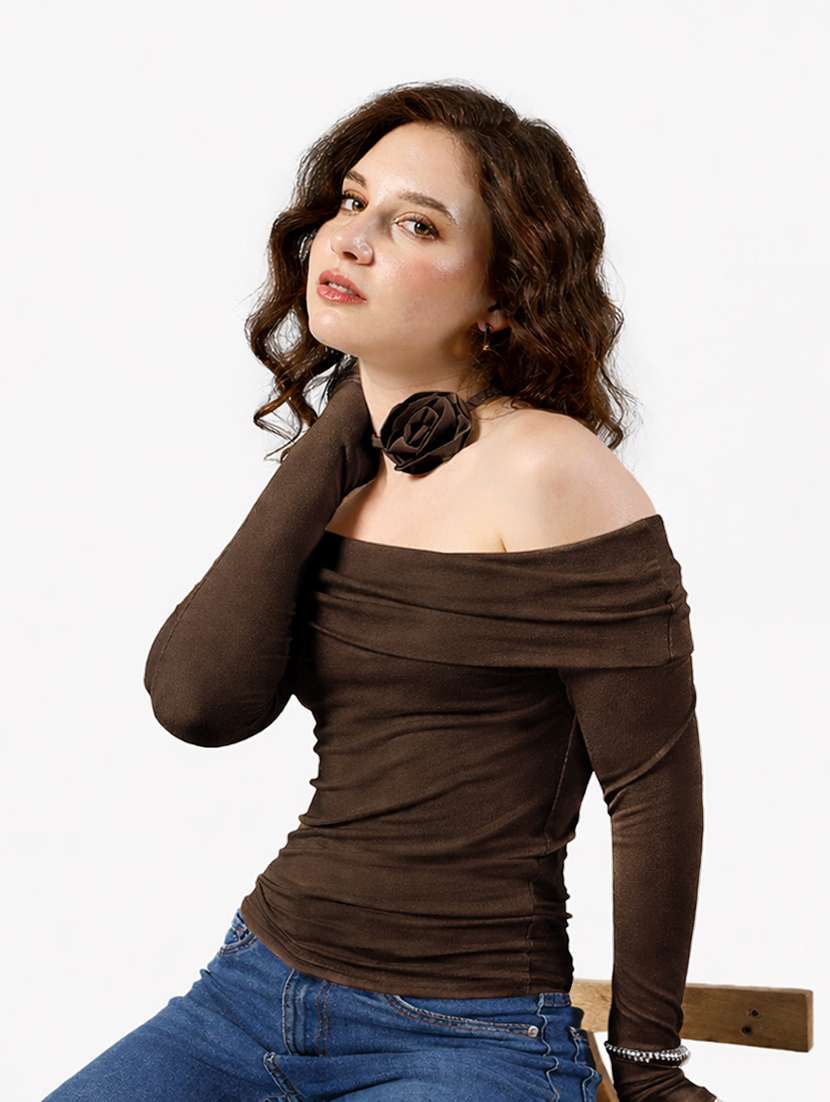 women solid off shoulder long sleeve top - 22381089 -  Standard Image - 2