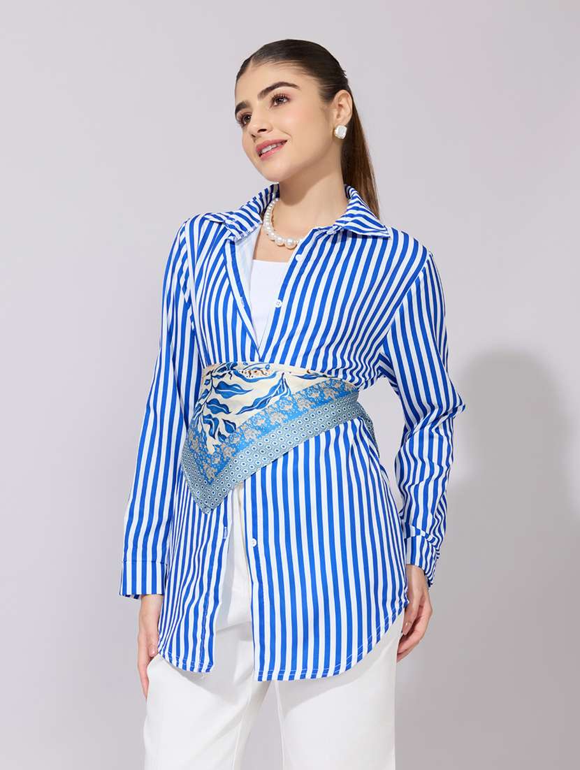 women striped collared long sleeve shirt - 22381090 -  Standard Image - 2