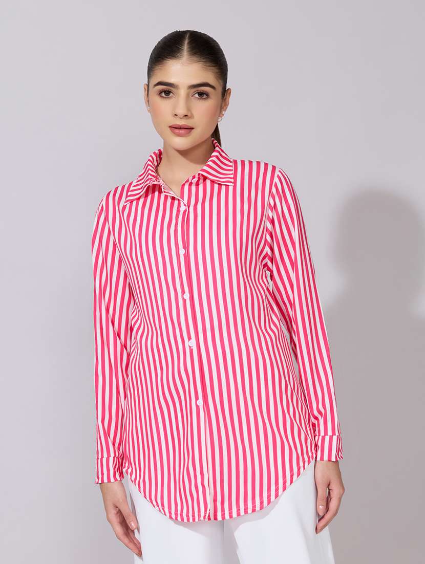 Women Striped Collared Long Sleeve Shirt - 22381091 -  Standard Image - 2
