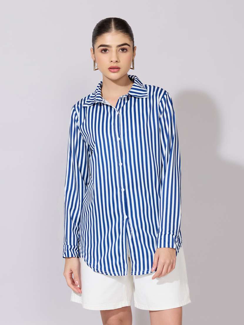 women striped collared long sleeve shirt - 22381093 -  Standard Image - 2