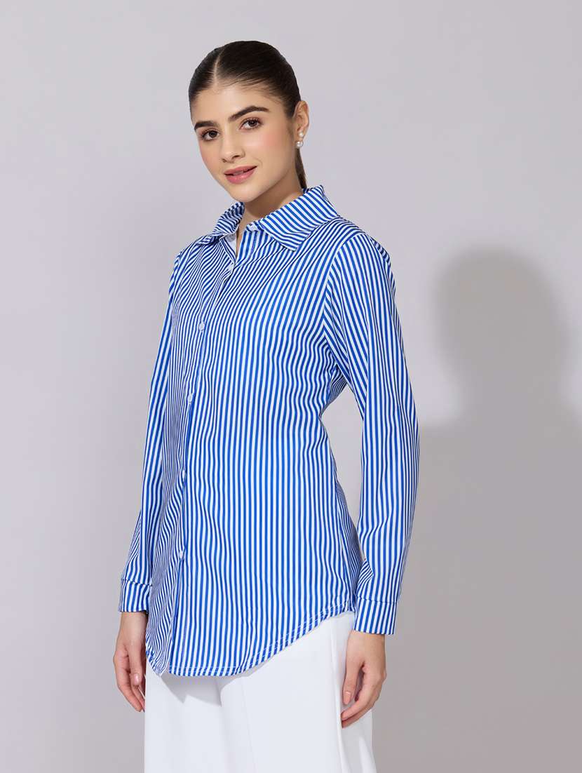 women striped collared long sleeve shirt - 22381094 -  Standard Image - 2