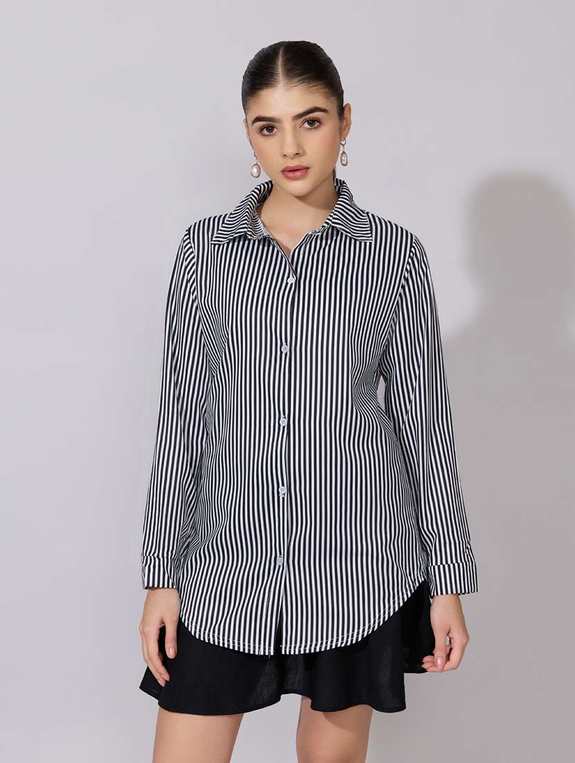 women striped collared long sleeve shirt - 22381095 -  Standard Image - 2