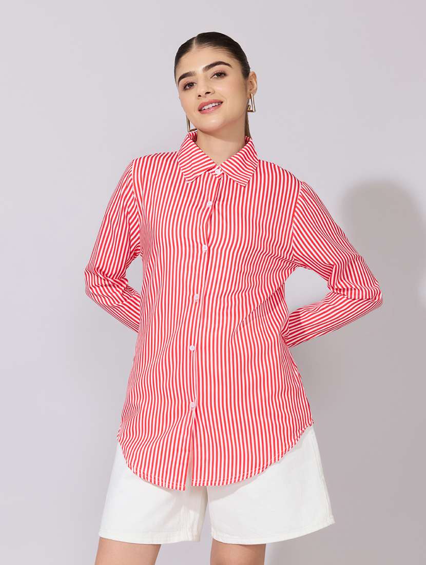 women striped collared long sleeve shirt