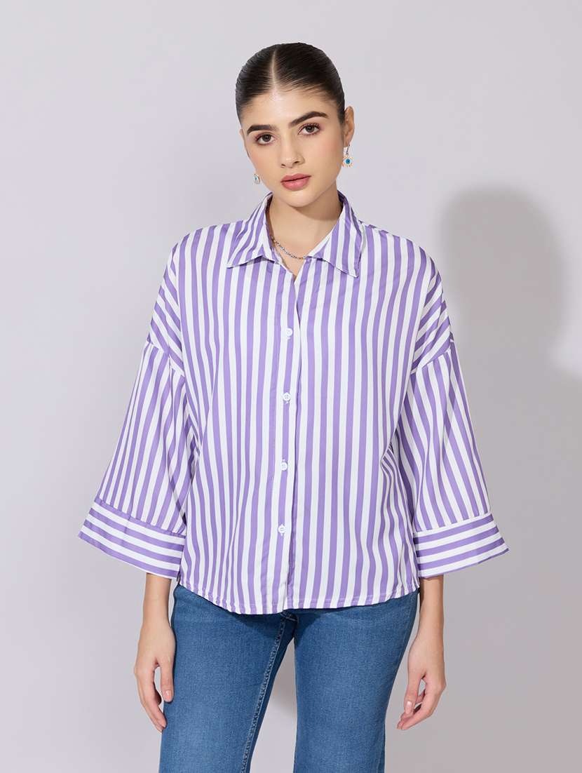 Women Striped Collared Long Sleeve Shirt - 22381099 -  Standard Image - 2