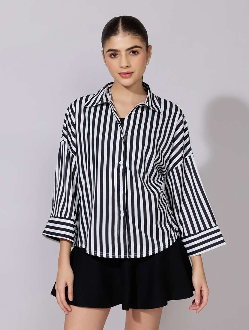 Women Striped Collared Long Sleeve Shirt - 22381100 -  Standard Image - 2