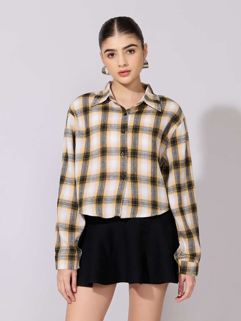 women checkered collared long sleeve crop shirt - 22381110 -  Standard Image - 2