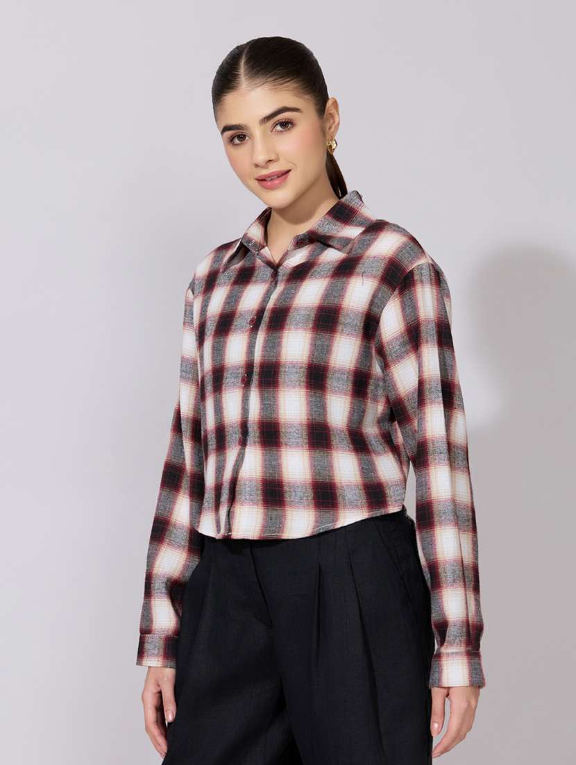 women checkered collared long sleeve crop shirt - 22381111 -  Standard Image - 2