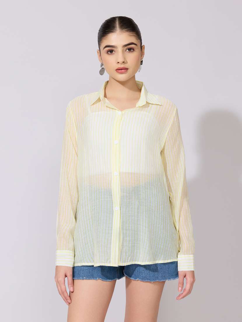 women striped collared long sleeve sheer shirt - 22381115 -  Standard Image - 2