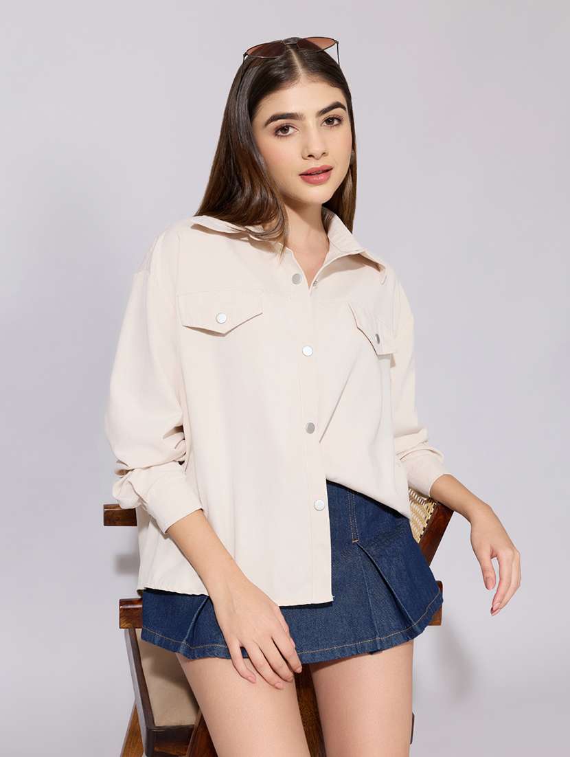 women solid collared long sleeve oversized shirt