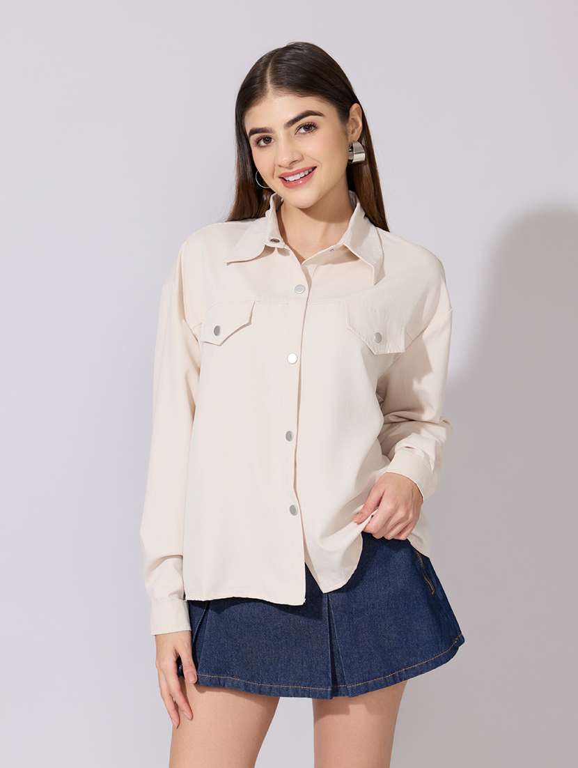 Women Solid Collared Long Sleeve Oversized Shirt - 22381116 -  Standard Image - 2