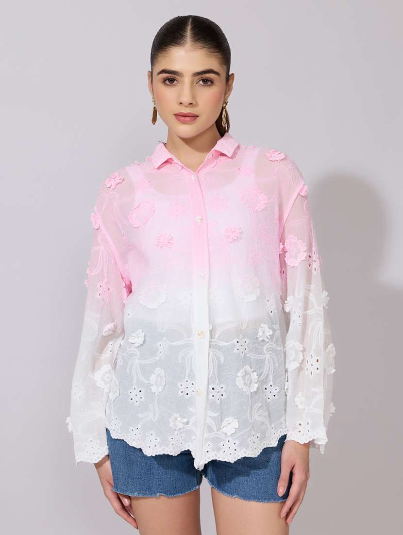 women embroidered collared long sleeve sheer shirt - 22381118 -  Standard Image - 2