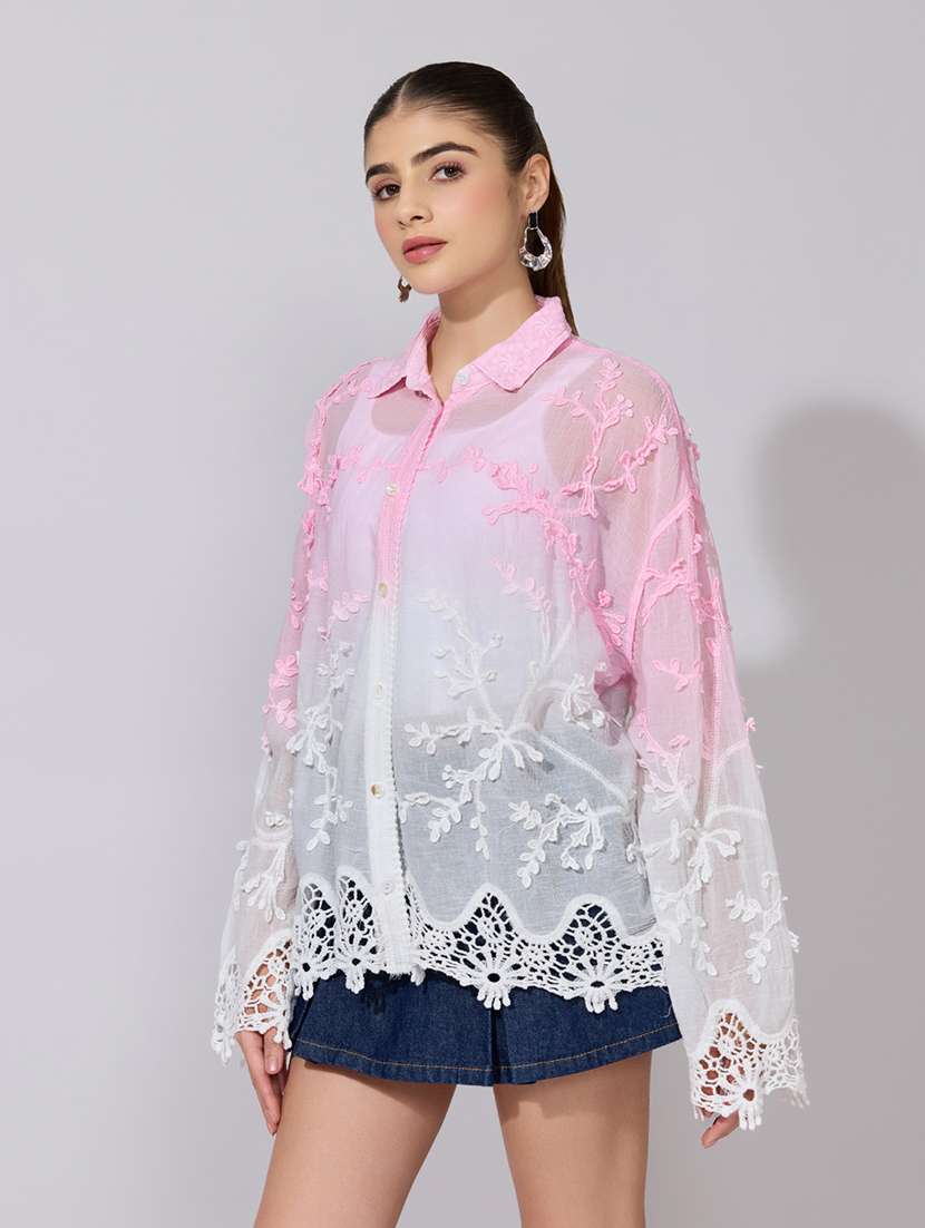 women embroidered collared long sleeve sheer shirt - 22381119 -  Standard Image - 2