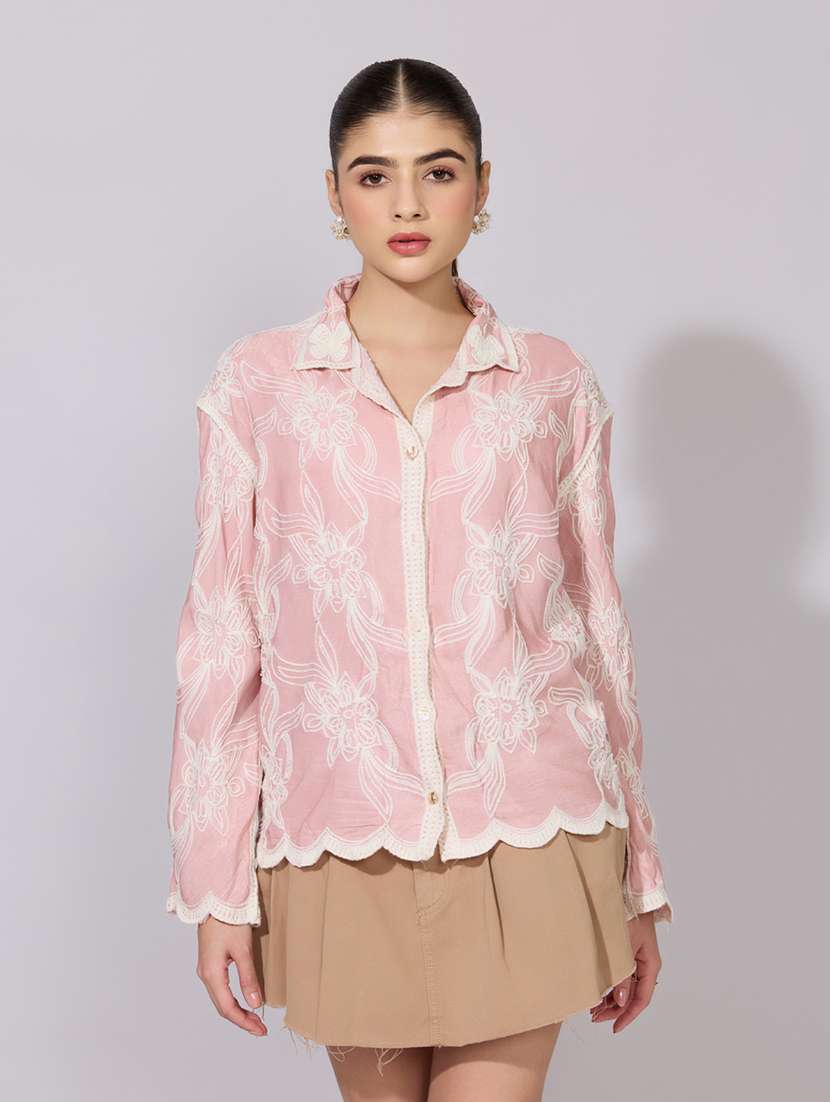 women embroidered collared long sleeve sheer shirt - 22381120 -  Standard Image - 2